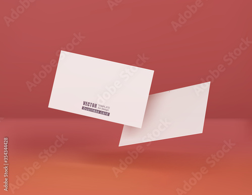 Two white business cards on a corral background in space. Vector illustration. 3d template for design visualization.