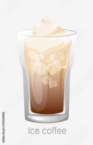 Coffee ice glass. Brown cappuccino latte ice cubes thick foam transparent glass collins morning vector invigorating refreshing aroma burst energy whole day.