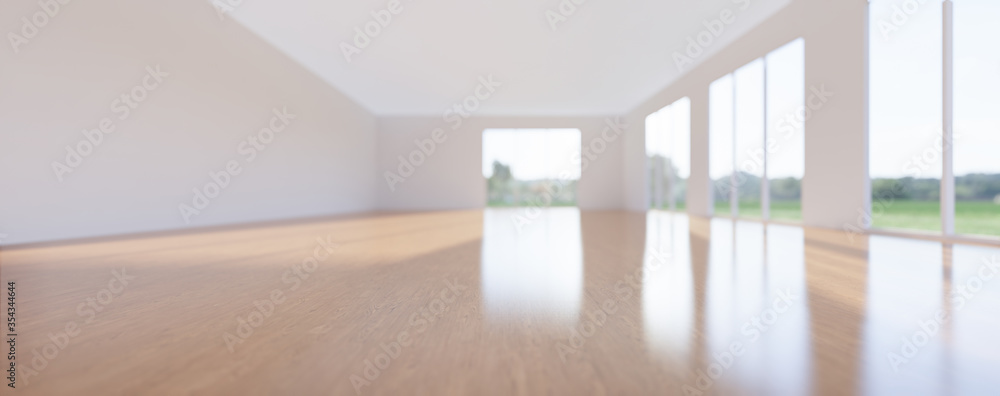 3d rendering of empty room and wood floor shiny reflection with clear glass door in perspective view, clean and new condition use to background. 3d rendering of empty room and wood floor shiny reflection with clear glass door in perspective view, clean and new condition use to background.