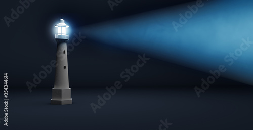 Fotobehang light beam of a lighthouse isolated on a blue background with copy space, safety