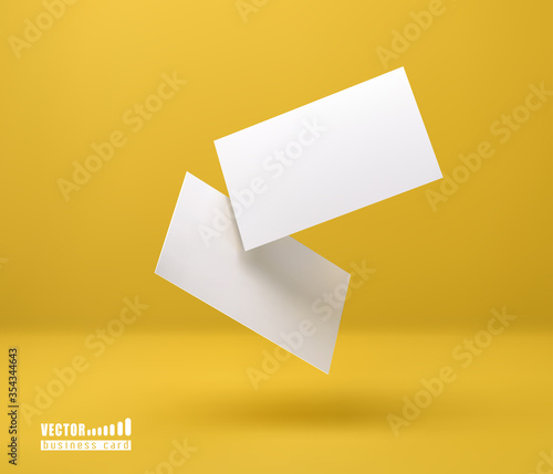 Basic RGBTwo white business cards on a bright yellow background in space. Vector illustration. 3d template for design visualization.