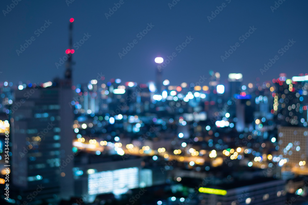 Abstract blurred Bangkok city skyline in business travel district downtown landmarked.