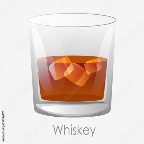 Whiskey ice glass. Scotch dark orange colour ice cubes aged old bourbon glass old fashion brandy drink clipart relaxation luxury vector cognac restaurants, bars.
