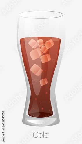 Cola ice glass. Red cola drink high glass highball with ice cubes white bubbles vector soda traditional cold sweet freshness clipart.