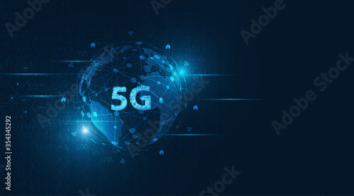 Global network high speed innovation connection data rate,vector creative glowing 5G on dark blue color background.