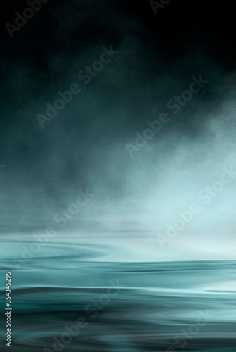 Dramatic dark background. Reflection of light on the water. Smoke fog. Empty futuristic scene. Night water landscape.