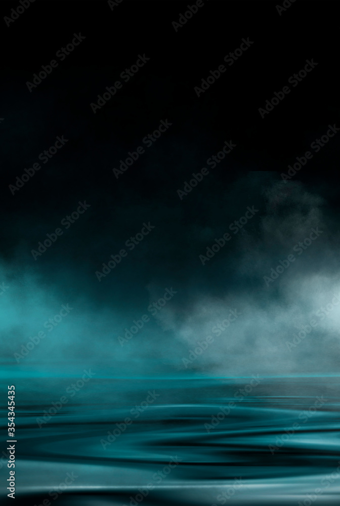 Fototapeta premium Dramatic dark background. Reflection of light on the water. Smoke fog. Empty futuristic scene. Night water landscape.