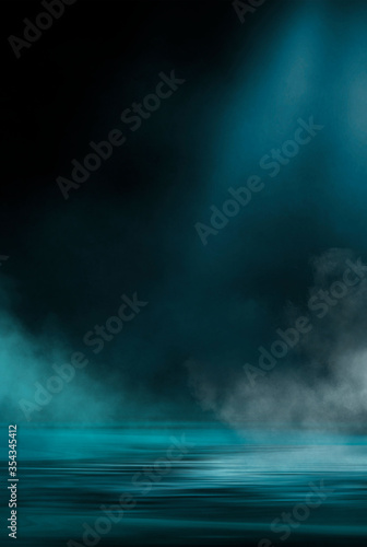 Dramatic dark background. Reflection of light on the water. Smoke fog. Empty futuristic scene. Night water landscape.