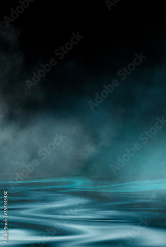 Dramatic dark background. Reflection of light on the water. Smoke fog. Empty futuristic scene. Night water landscape. © MiaStendal