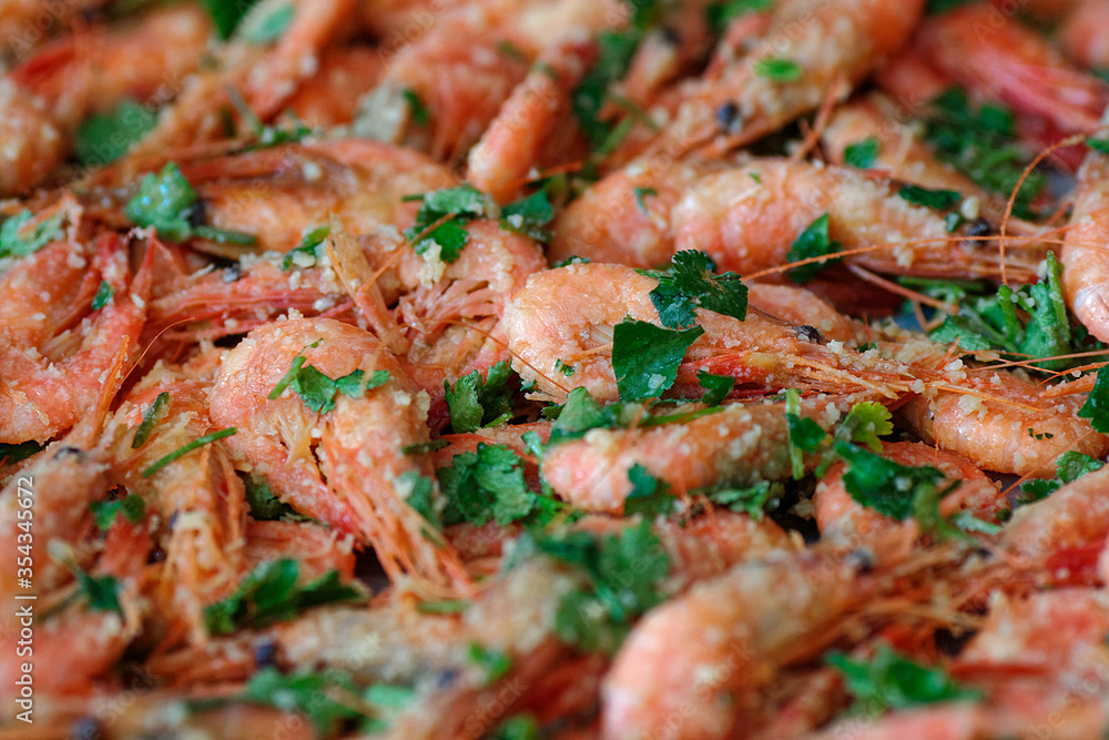 Fresh boiled prawns with coriander. A delicious dish of seafood. Fresh boiled prawns with coriander. A delicious dish of seafood.