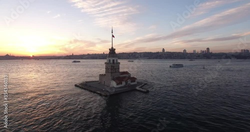 360 maidens tower bosphorus sunset drone 4k