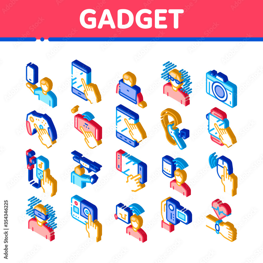 Gadget And Device Icons Set Vector. Isometric Smartphone And Tablet, Photo And Video Camera, Drone And Play Joystick Gadget Illustrations