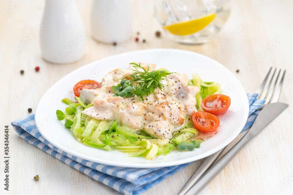 Salmon slices in creamy sauces and zucchini. Ketogenic food. Salmon slices in creamy sauces and zucchini. Ketogenic food.
