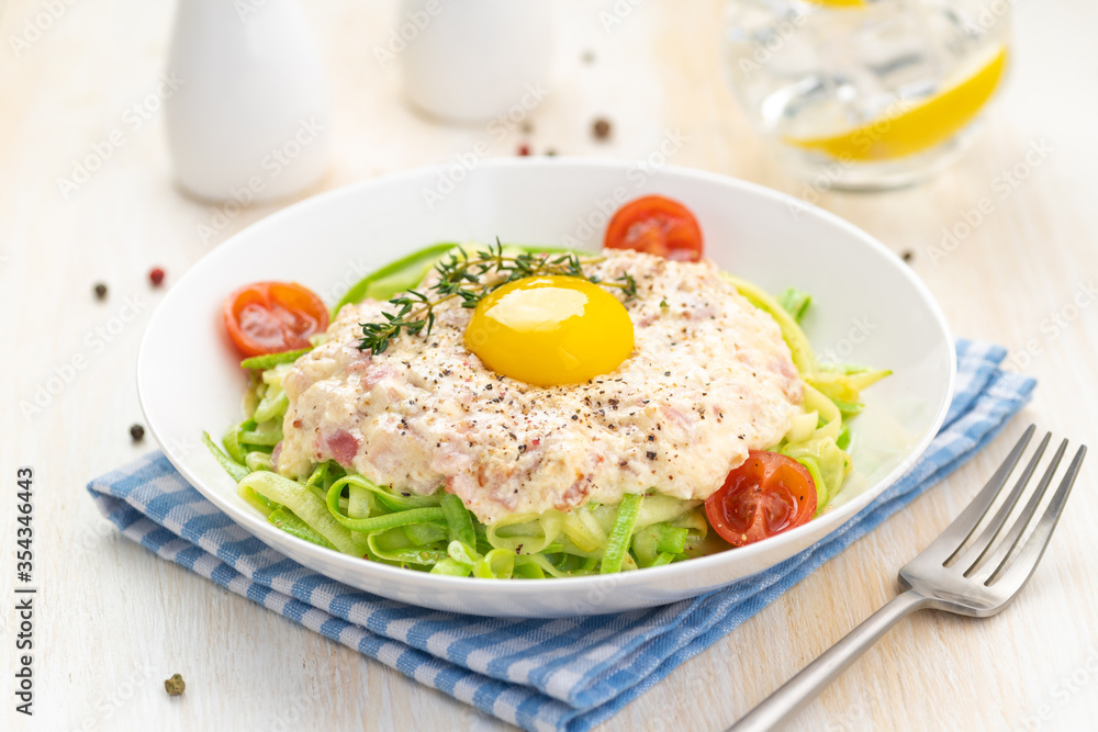 Traditional dish of Italian cuisine carbonara sauce with low-carb zucchini paste and egg yolk. Traditional dish of Italian cuisine carbonara sauce with low-carb zucchini paste and egg yolk.