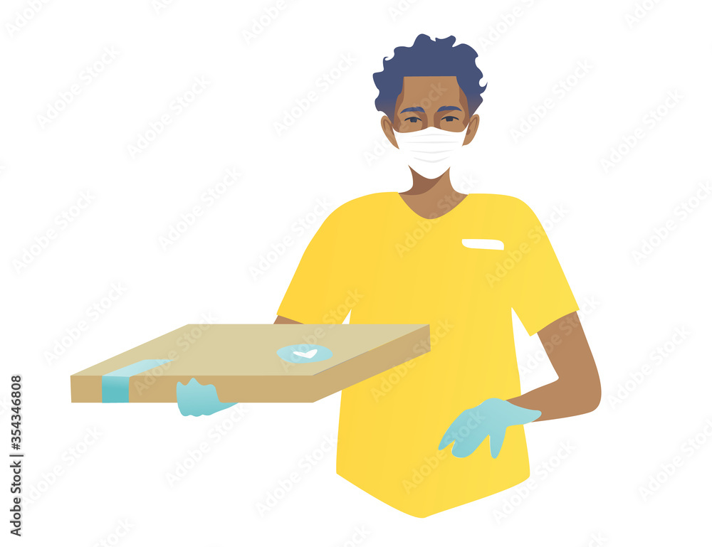 Handsome young guy in a mask and gloves hands over delivery. African american man brought pizza. Order food at home. Isolated against white background, yellow blue design.
