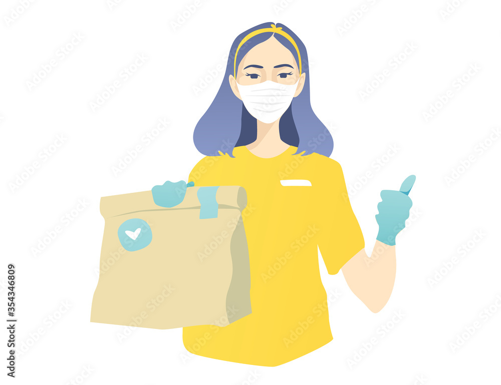 Beautiful young girl with blue hair in a mask and gloves is handing over a package with delivery. Order food at home. Isolated against white background, yellow blue design.