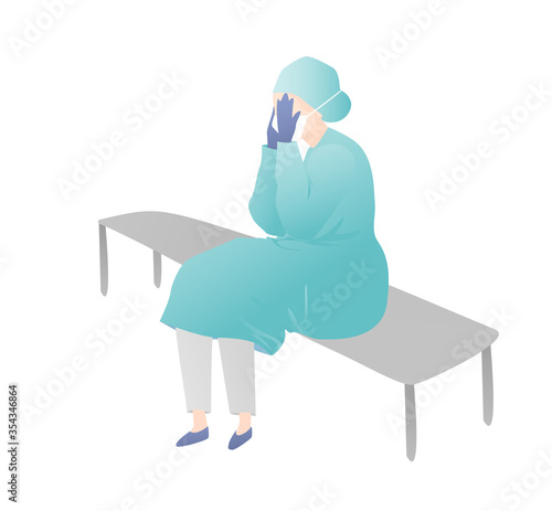 Exhausted medical worker in uniform. Overworked female doctor sitting on a bench and crying. Amid a crumbling world. When will this be over?