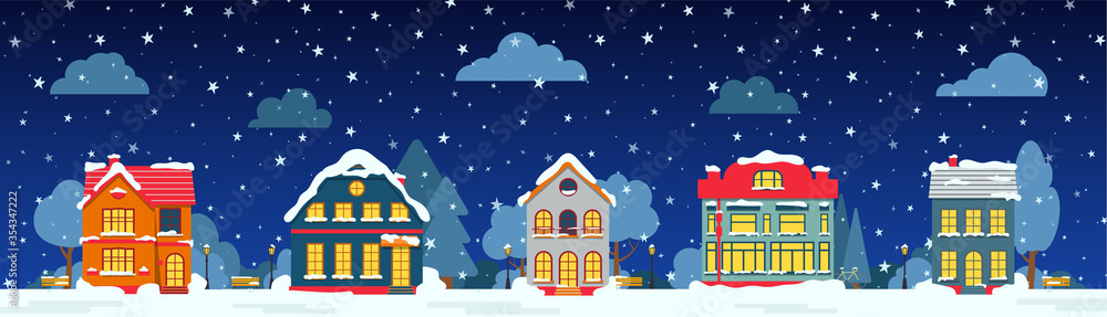 Winter night street with house, snow tree, bush cloud, lantern flat cartoon card. Merry Christmas and Happy New Year holiday panoramic horizontal banner. Urban landscape Decorative vector illustration