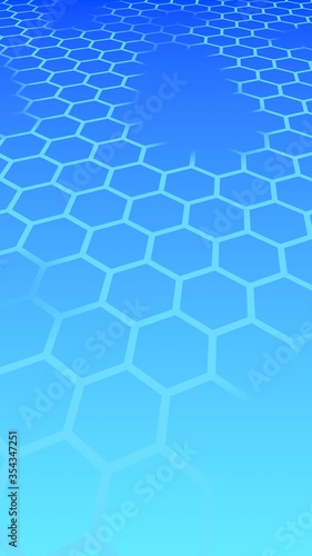 Translucent, with breaks, honeycomb on a gradient blue sky background. Perspective view on polygon look like honeycomb. Isometric geometry. 3D illustration