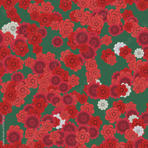 seamless red textile floral pattern on green background