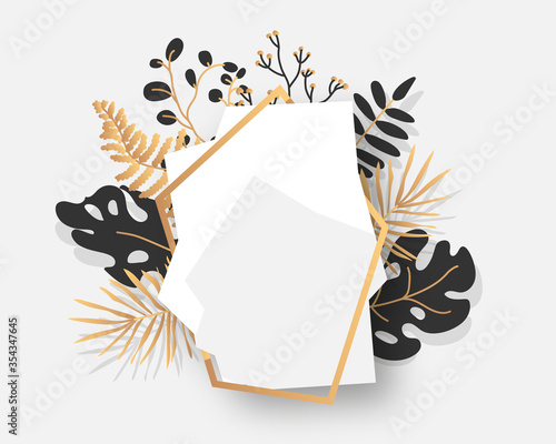 Abstract gold floral frame with exotic tropical leaves, branches, berries. Empty template for text. Luxury decorative modern polygonal geometric white banner. Polyhedron closeup. Vector illustration