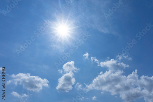 Blue sky white clouds with halo pentagram shiny sun on sunny day copy space