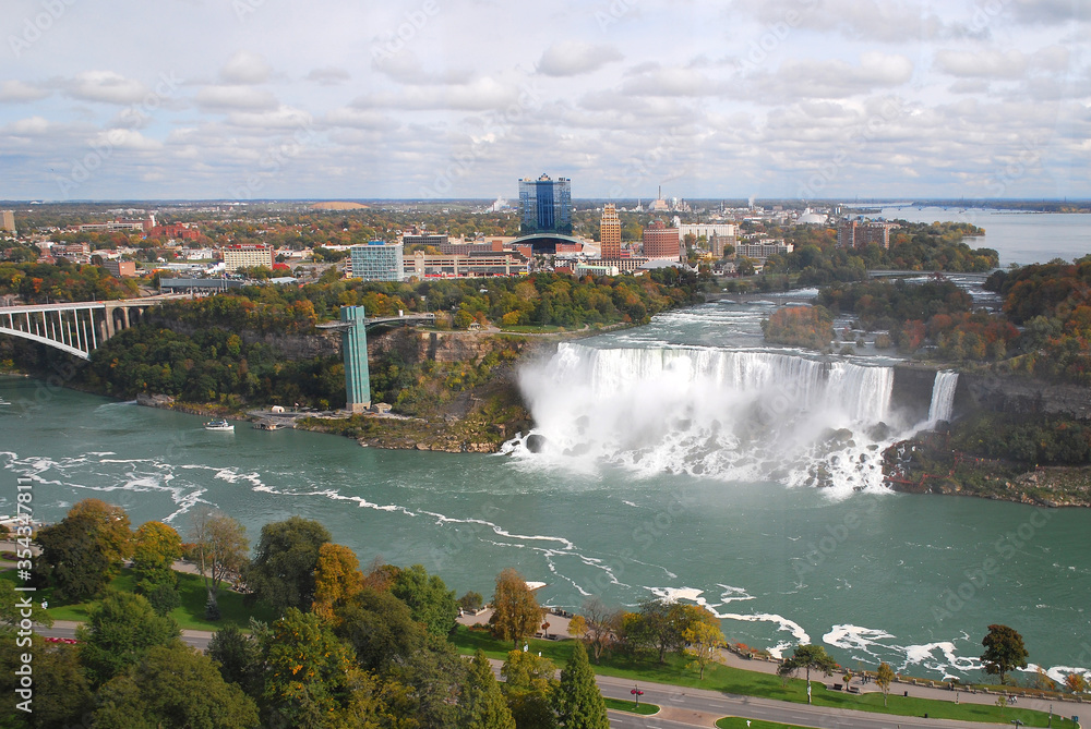 The American Falls and the City on the American side of the falls. The American Falls and the City on the American side of the falls.
