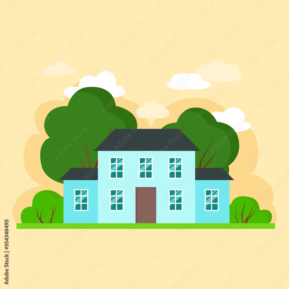 Simple  flat blue house with green trees on yellow background. Vector Illustration of cityscape.Cottage, modern architecture. Idea of real estate.