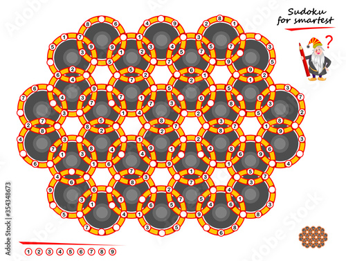 Logical Sudoku puzzle game for children and adults. Need to draw numbers in empty places so that each of rings contains signs from 1 to 9. Printable page for brain teaser book. Play online.