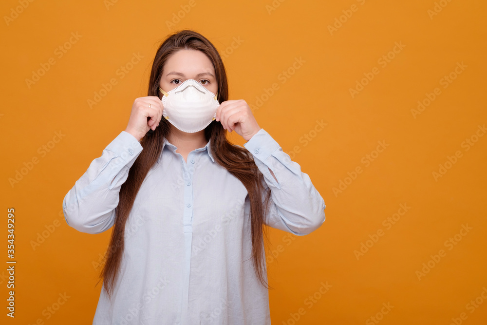 woman in medical mask on yellow background, coronavirus pandemic, woman in medical mask on yellow background, coronavirus pandemic,