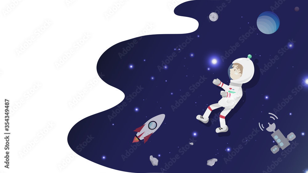 Child vector, astronaut boy, stars, galaxy and space, thinking idea creative concept, flat design cartoon background illustration