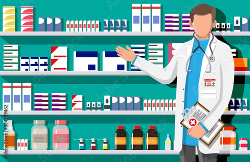 Modern interior of pharmacy and male pharmacist. Medicine pills capsules bottles vitamins and tablets. Drugstore showcase. Shelves with medicines. Medical drug, healthcare. Flat vector illustration