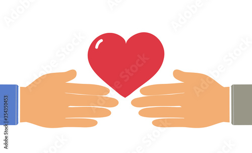 Charity concept. Heart in hands. Symbol of volunteering , help, mercy, love, goodness and hope. Vector illustration in flat style