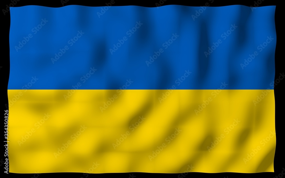 The flag of Ukraine on a dark background. National flag and state ensign. Blue and yellow bicolour. 3D illustration waving flag The flag of Ukraine on a dark background. National flag and state ensign. Blue and yellow bicolour. 3D illustration waving flag