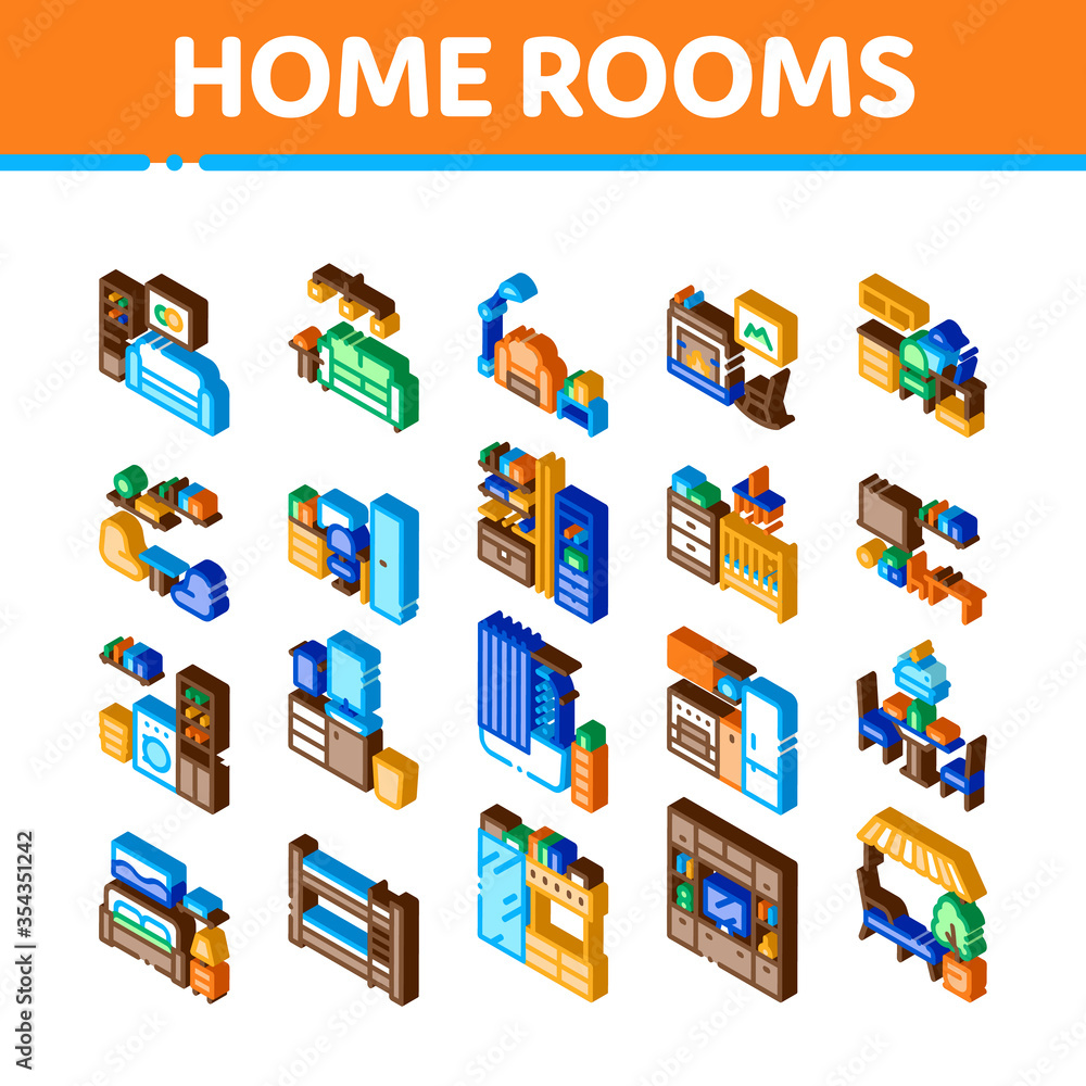 Home Rooms Furniture Icons Set Vector. Isometric Sofa And Table, Lamp And Chair, Fireplace And Rocking-chair Home Rooms Interior Illustrations
