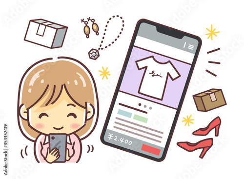 スマホでネットフリマ（ネットオークション）を操作する女性のイラスト（文字なし）