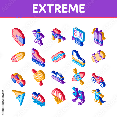 Extreme Sport Activity Icons Set Vector. Isometric Bike And Crash Helmet, Parachute And Hang-glider Equipment For Extreme Active Illustrations