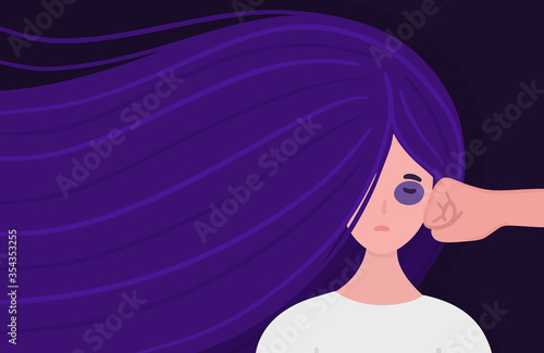 Stop domestic violence. Woman is punched in face by aggressor. Girl with purple hair. Concept is for crisis help center or for advocacy for women's rights. Poster, banner, brochure. Vector, eps10