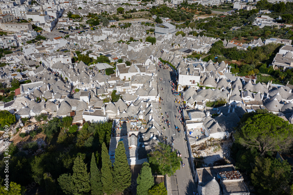 Aerial view of the spectacular and unique  Alberobello town, South Italy.