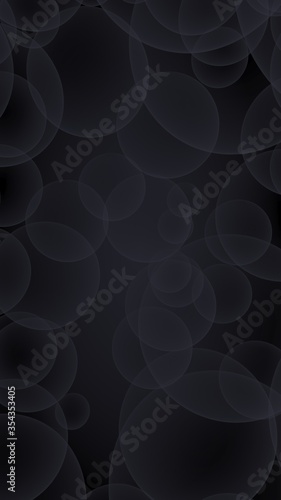 Abstract black background. Backdrop with dark transparent bubbles. Vertical orientation. 3D illustration