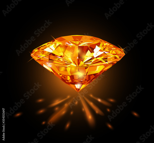 Beautiful bright orange diamond  isolated on black background. Vector illustration.