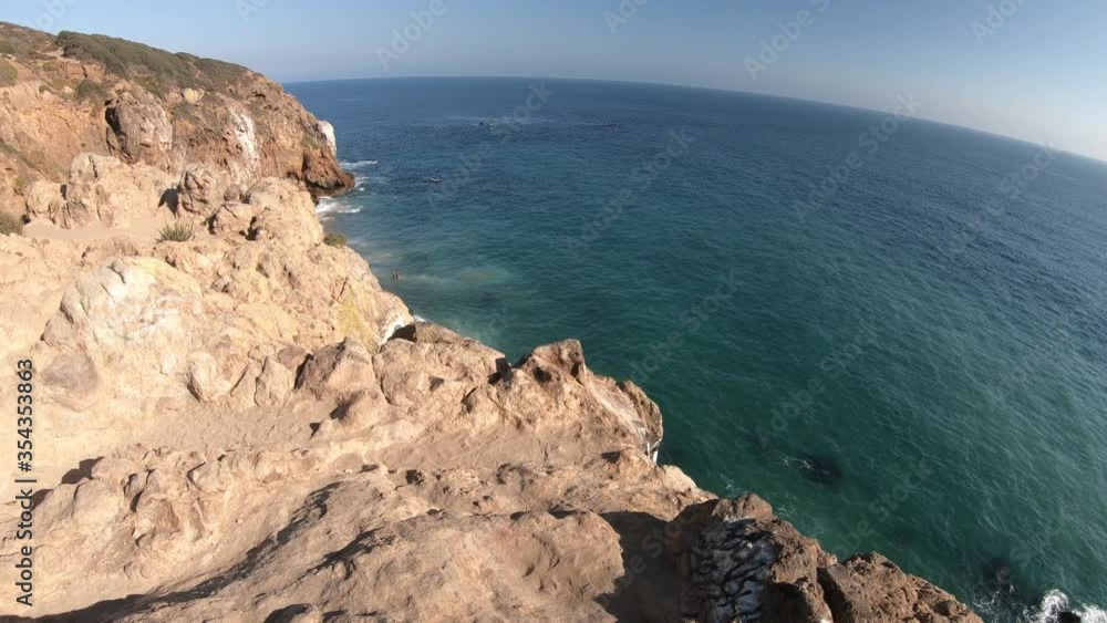 Panorama of Pirates Cove beach and Point Dume State Beach from Point Dume promontory on Malibu coast, Pacific Ocean in CA, United States. California West Coast. Blue sky, summer sunny day. Copy space. Panorama of Pirates Cove beach and Point Dume State Beach from Point Dume promontory on Malibu coast, Pacific Ocean in CA, United States. California West Coast. Blue sky, summer sunny day. Copy space.