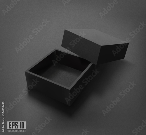 Vector 3d illustration. Packaging. Black open box with a lid, on a black background