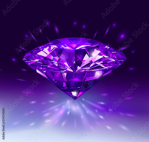Beautiful purple gemstone isolated on bright purple background. Vector illustration.