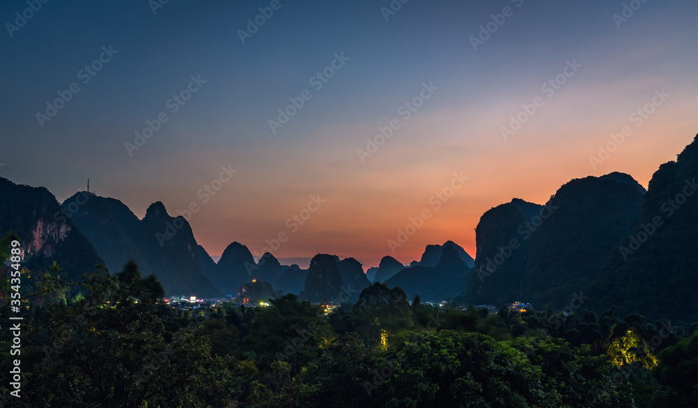 Yangshuo landscape panorama at dusk Yangshuo landscape panorama at dusk