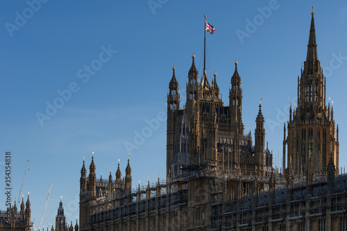 London, United Kingdom, Vue on Houses of Parliament and Westminster during the lockdown due to Covid-19 breakout 