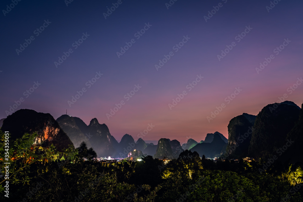 Yangshuo landscape panorama after dusk