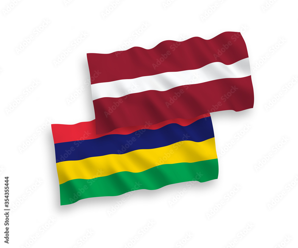 Flags of Latvia and Mauritius on a white background