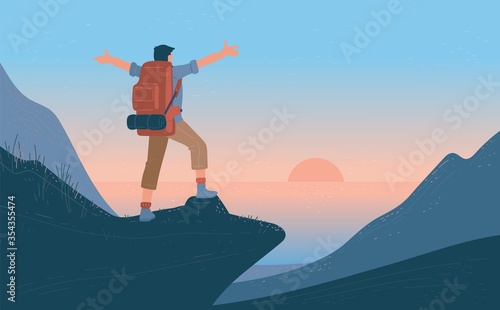 Man with backpack standing of mountain arms outstretched and looking on sea, sunrise. Concept of hiking, adventure tourism, travel and discovery. Explorer or traveller flat vector illustration.