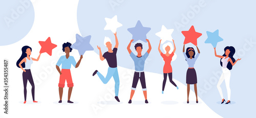 People customer review vector illustration concept. Cartoon flat man woman clients holding rating stars  reviewer character group giving feedback to service or business  reviewing service background